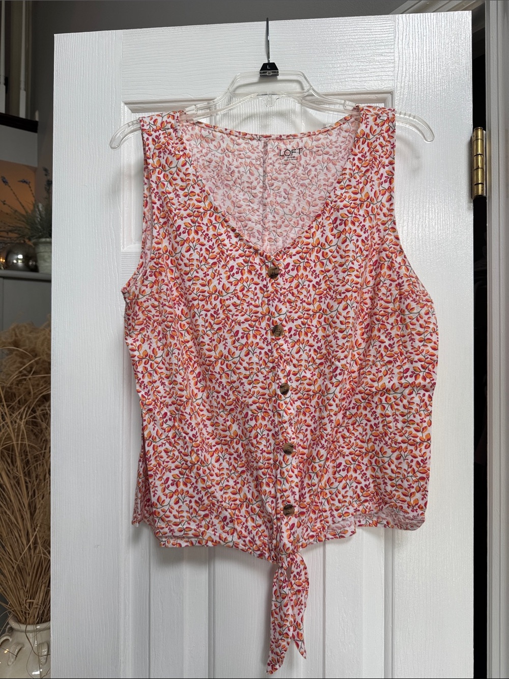 LOFT Coral Pink Floral Button-Front Tie Hem Sleeveless Top